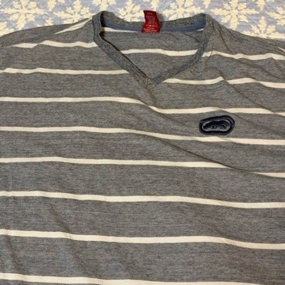 Ecko Unltd Mens 3XB V-Neck Striped T-Shirt Grey White Short Sleeve Rhino Logo